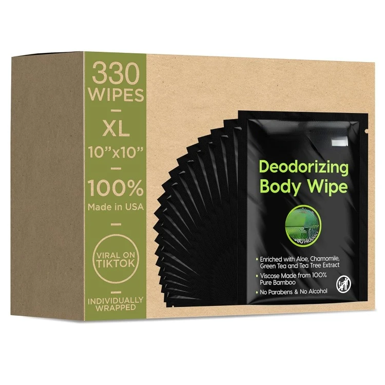 Deodorizing Body Wipes Individual Shower Wipes 100% Pure Biodegradable Bamboo Wet Wipes with Aloe Tea Tree Adult Body