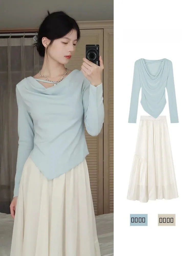 Tea Break Dr Set - Falda Larga de Cintura Alta con Corte en A, Estilo Japonés Dulce, Manga Larga, Cuello en V, Ropa Casual, Diseño de la Serie Tea