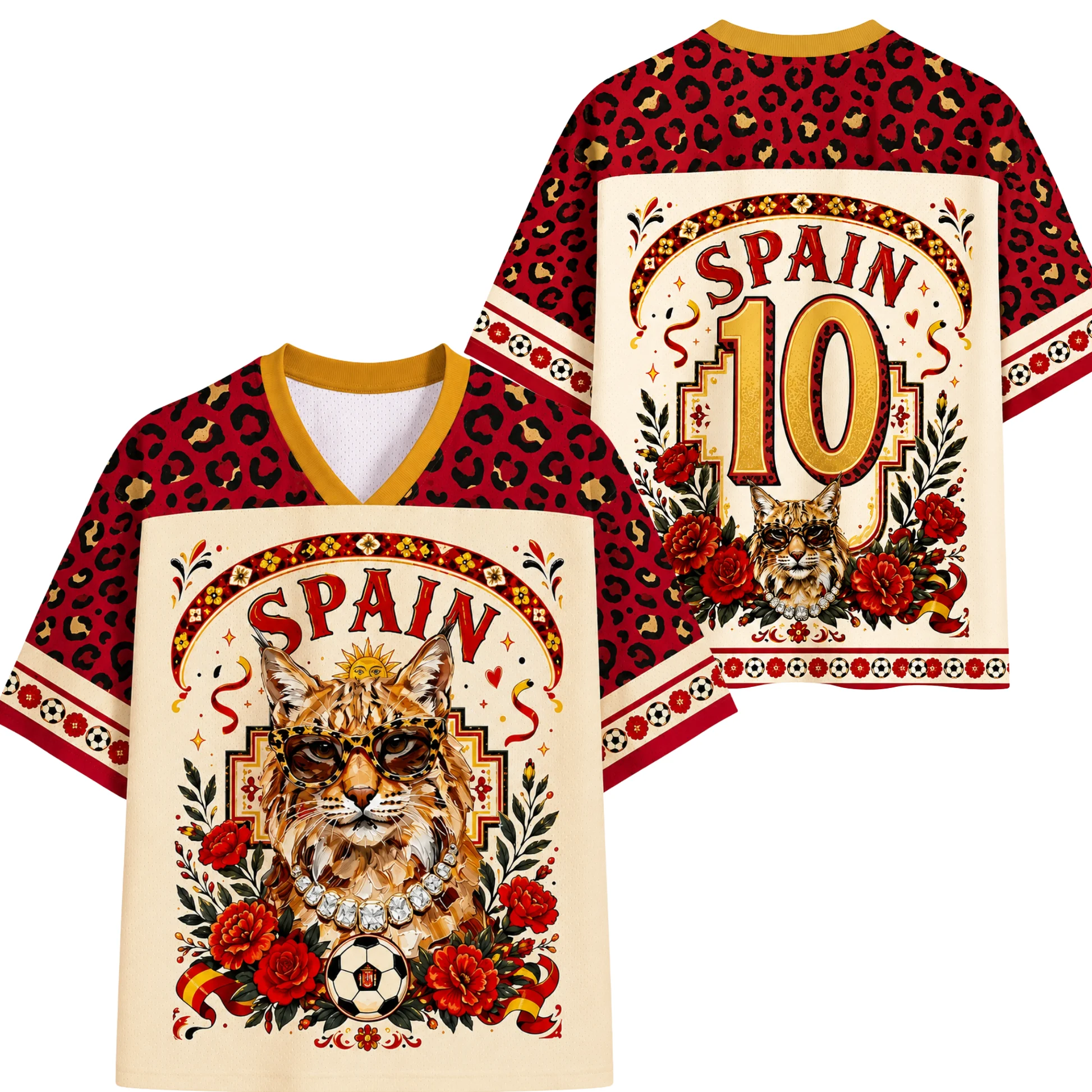 Retro Spanish Red Leopard 3D Printed Men's and Women's Loose Breathable Mesh Supporting Short Sleeves