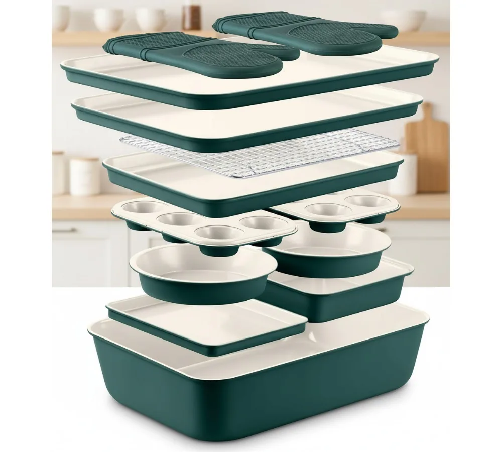 

13-Piece Nonstick Bakeware Set - Stackable Carbon Steel Pans, Oven Mitts & Cooling Rack for Home Bakers