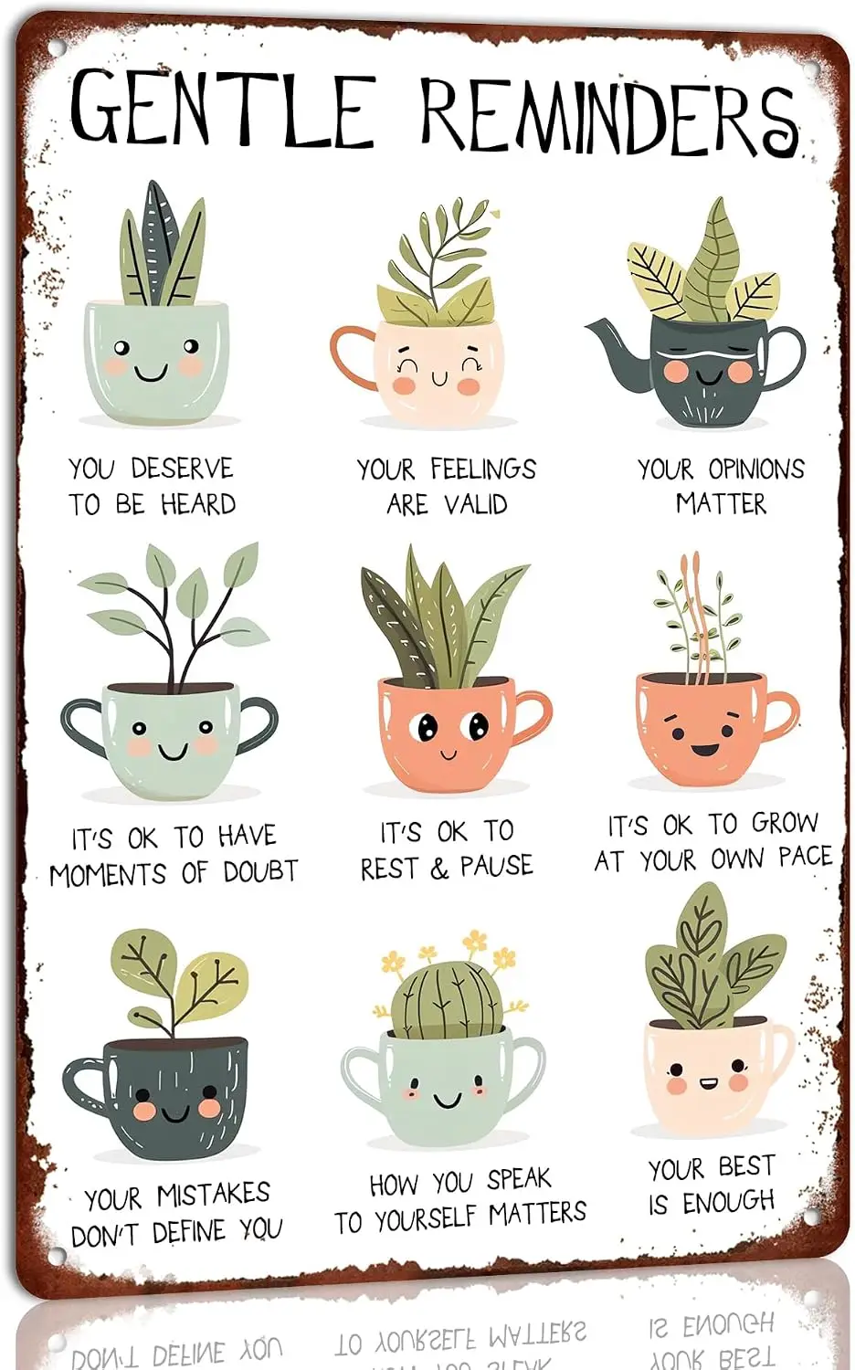 Generic Gentle Reminders Metal Tin Sign Cute Potted Plants Sign for Home Farmhouse Living Room Therapy Office Wall Decor Motivat