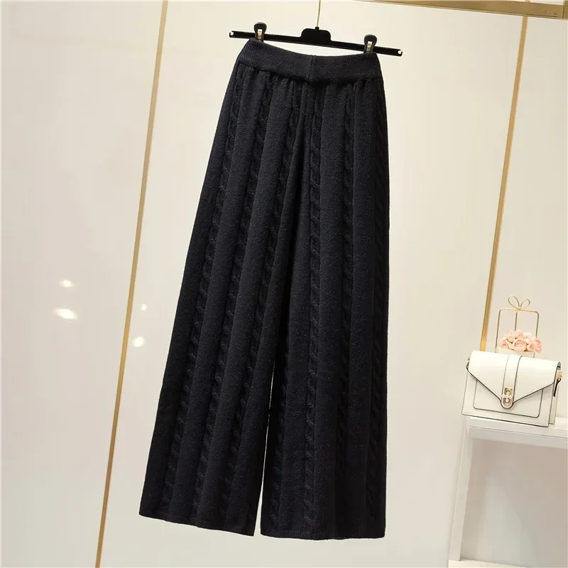 Winter Knitted Wide Leg Pants Women High Waist Loose Knitted Straight Leg Pants Casual Cropped Wide Leg Pants Female Tops Y2k