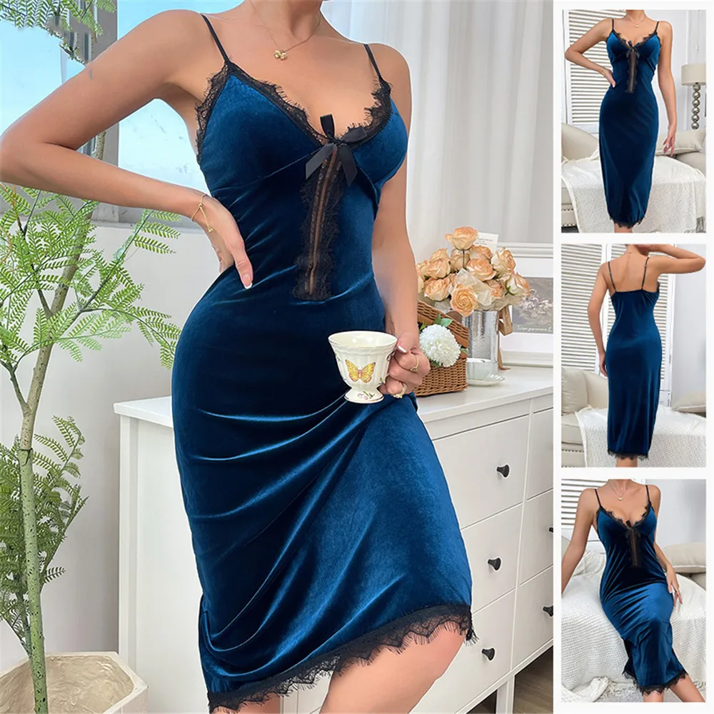

Сексуальный бархатный свадебный халат, ночная рубашка, комплект с кружевной отделкой, ночная рубашка на подтяжках, осень-зима, велюровое домашнее платье, одежда для отдыха
