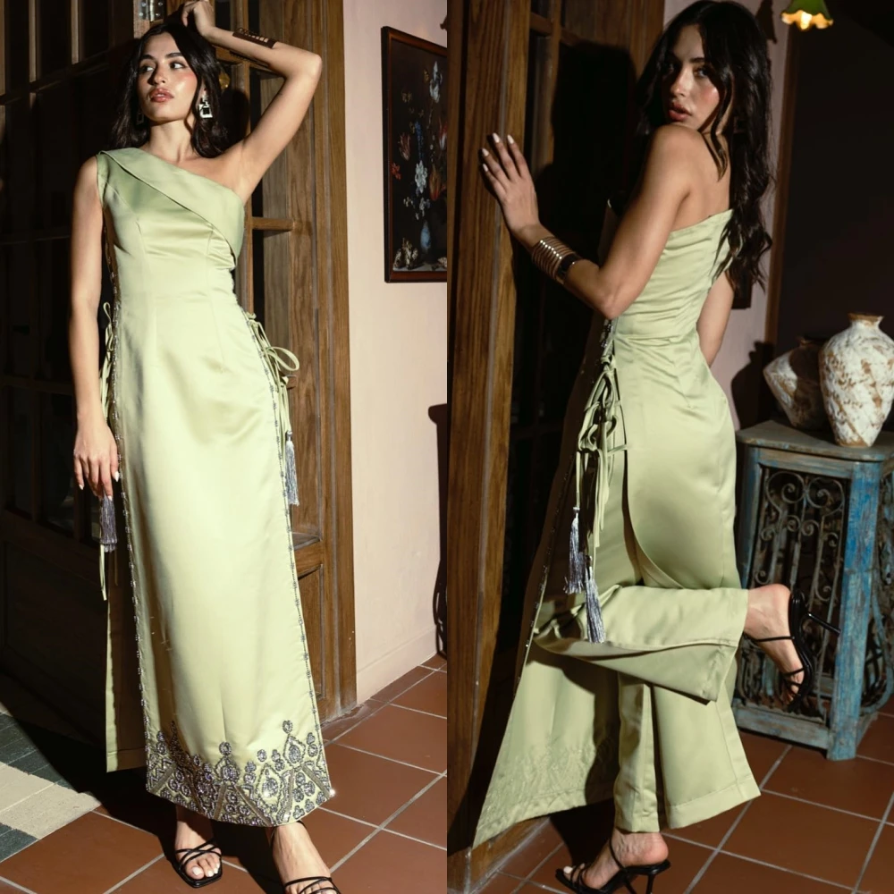 

Jersey Pleat Ribbon Engagement Sheath One-shoulder Bespoke Occasion Gown Midi Dresses