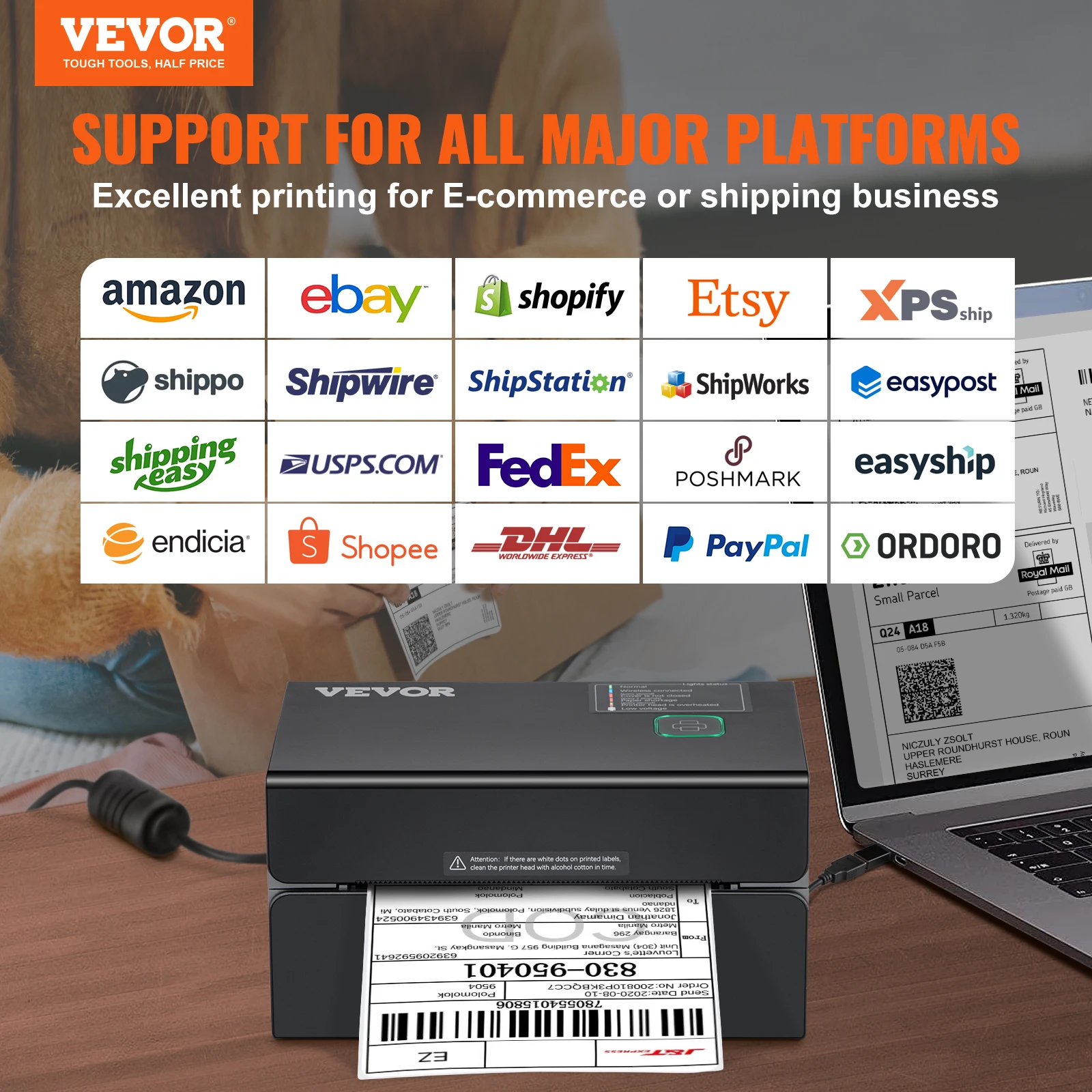 VEVOR Pencetak Label Pengiriman Printer Label Thermal Bluetooth dengan Pengenalan Label Otomatis Mendukung Windows/MacOS/Linux/Chromebook