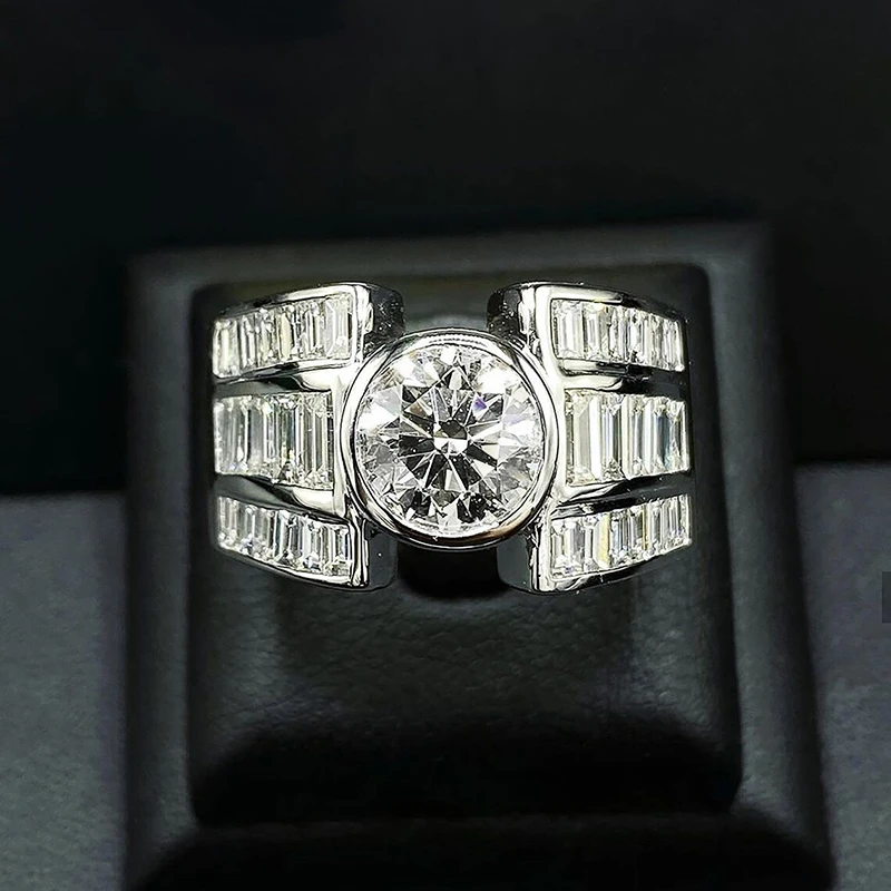 Huitan Geometric Cubic Zirconia Crystal Rings for Women Silver Color Gorgeous Wide Rings Wedding Party Modern Trendy Jewelry