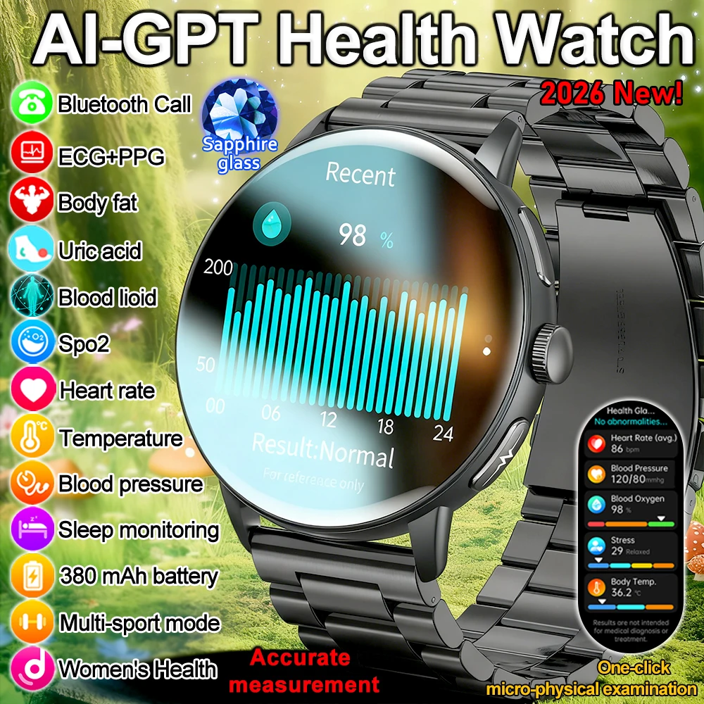 

2026 New Body Fat Analysis Health Smart Watch ECG+PPG Uric Acid Blood Pressure Blood Oxygen Clock Call Smart Watch For Men Women