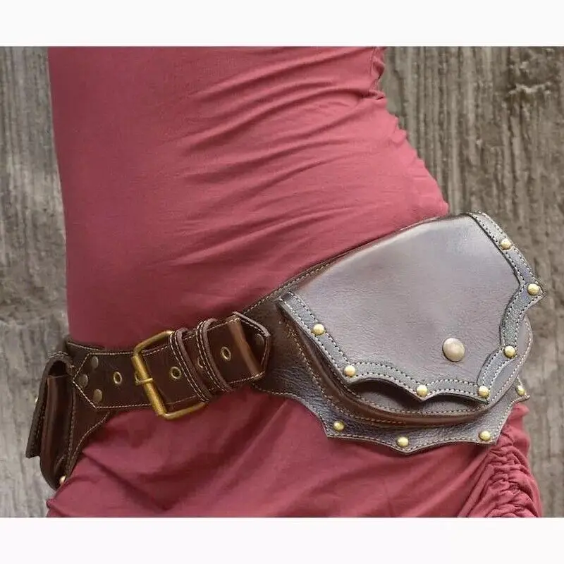 Mulheres Medieval Steampunk Falso Cinto De Couro, Hip Vintage Bag, Saco Da Cintura Do Bolso, Carteira Cosplay, Cavaleiro Cravejado, Marrom, Preto