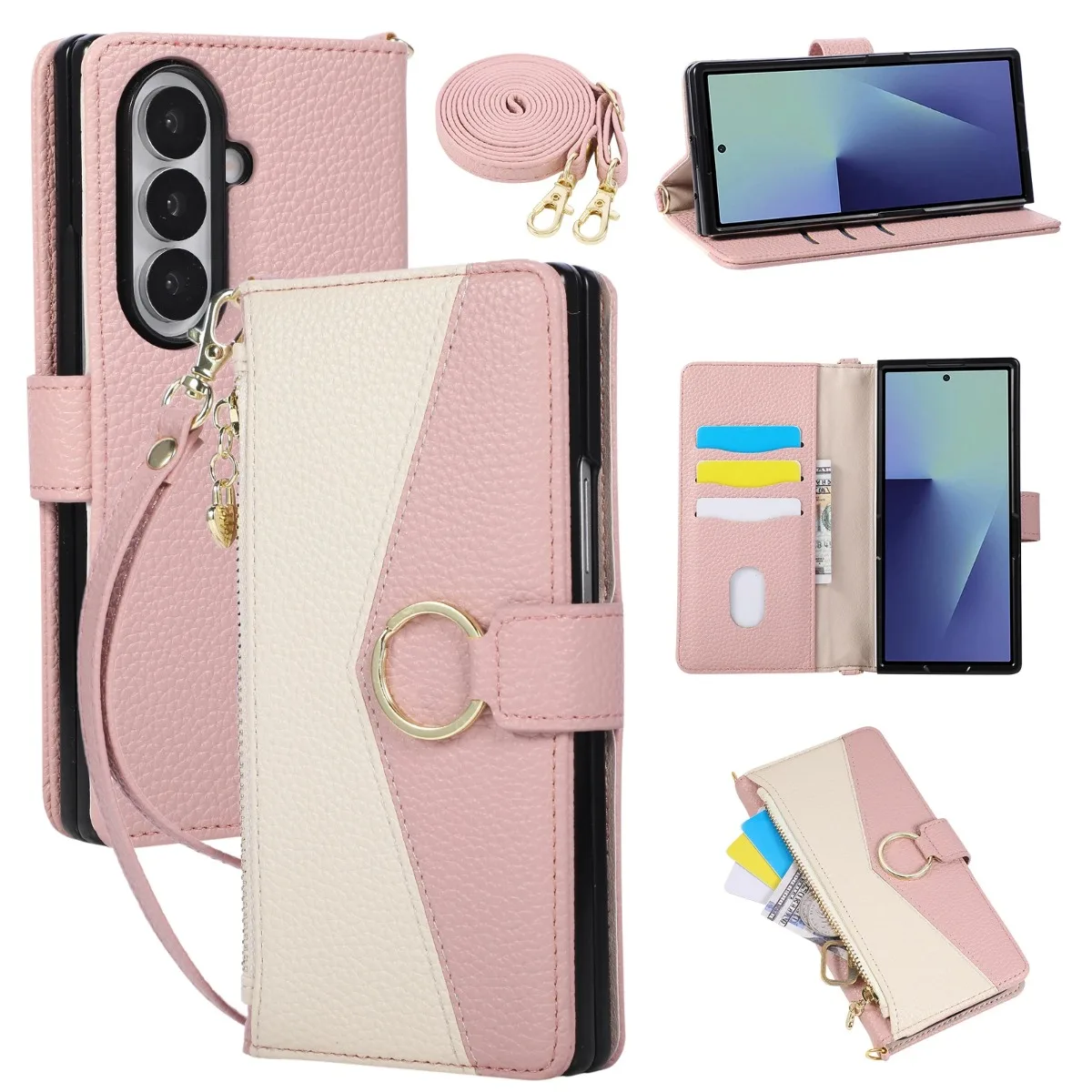 Zipper Wallet Crossbody Lanyard Phone Case for Samsung Galaxy Z Fold 7 6 5 4 3 5G PU Leather Card Holder Cover With Ring Buckle