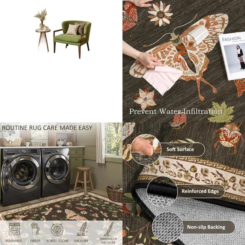 

5x7 Insect-Themed Area Rug, Washable Ultra-Thin Non-Slip Floral Carpet for Living Room, Bedroom, Office, and Dining Room, Brown