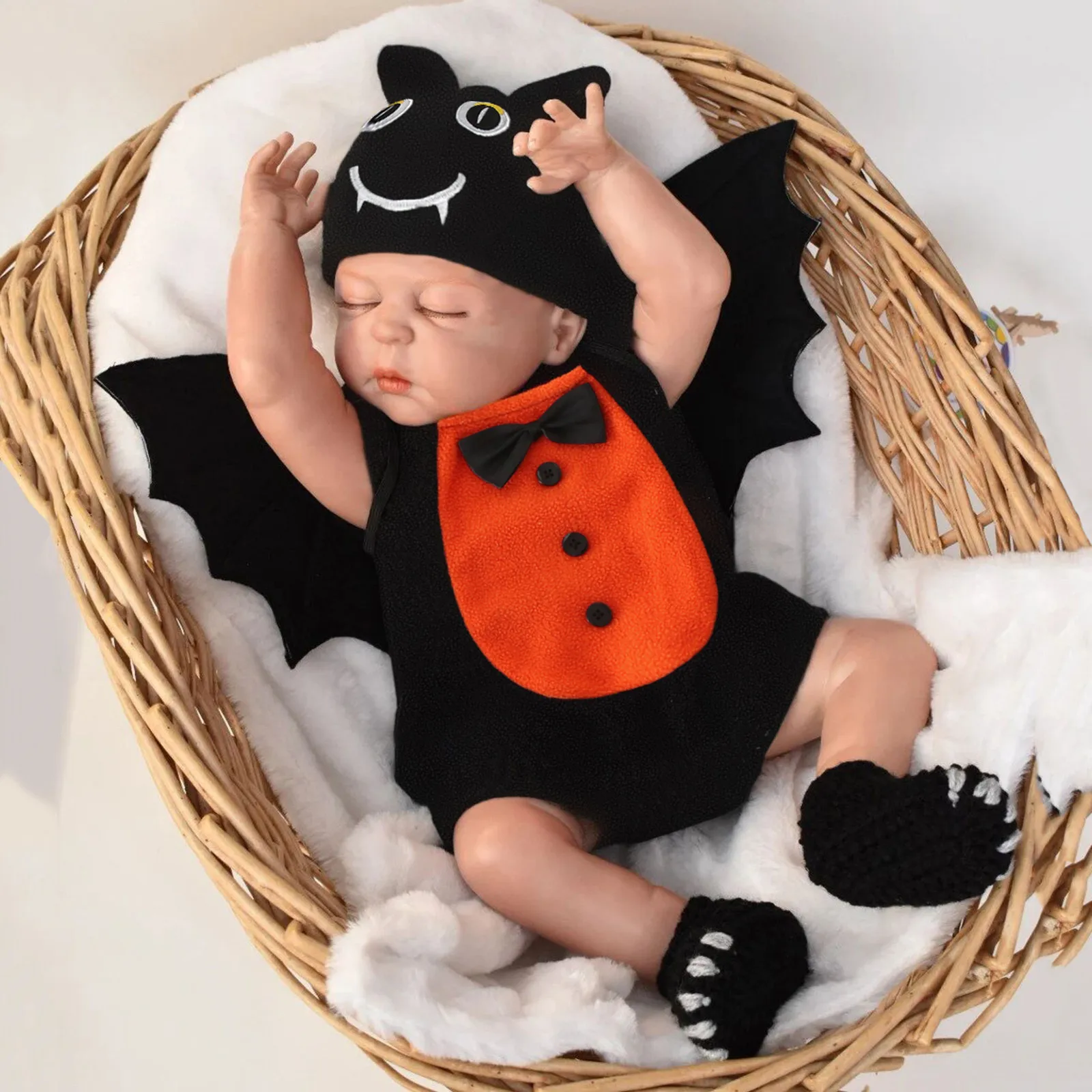 

2024 Toddler Infant Baby Girls Boys Halloween Soft Fleece Romper Jumpsuit Sets With Wing Hat 3pcs Set Costumes Cosplay Set