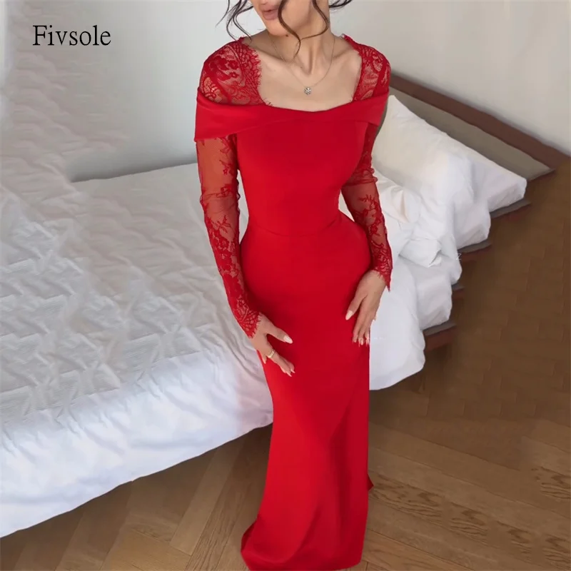 

Fivsole Modern Red Lace Sleeves Mermaid Prom Gowns Bodycon Party Gown Floor Length Evening Dress vestidos de festa Customized