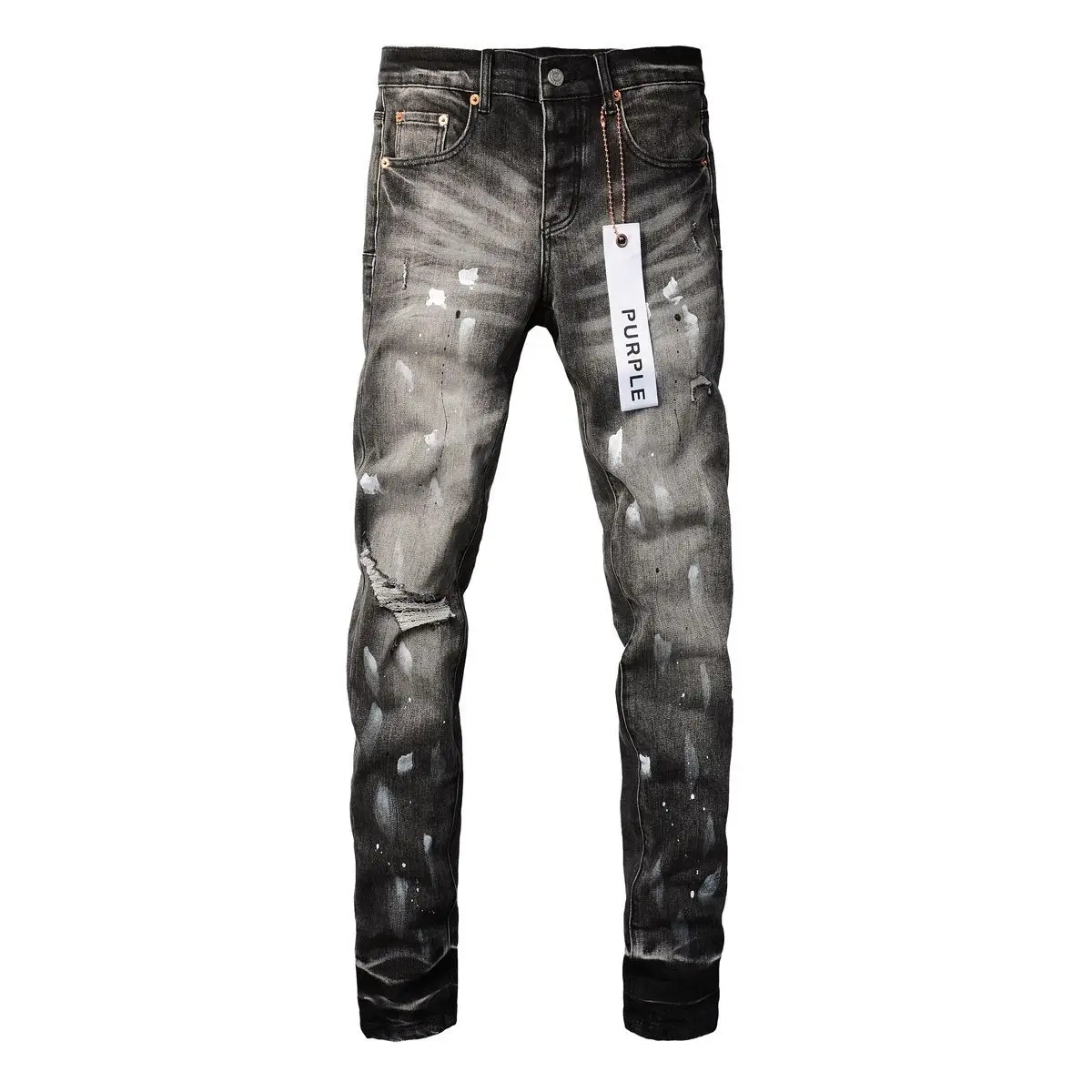 Pantalones vaqueros morados para hombre American High Street, pantalones bonitos de marca de moda con punto de pintura rasgado en negro y gris