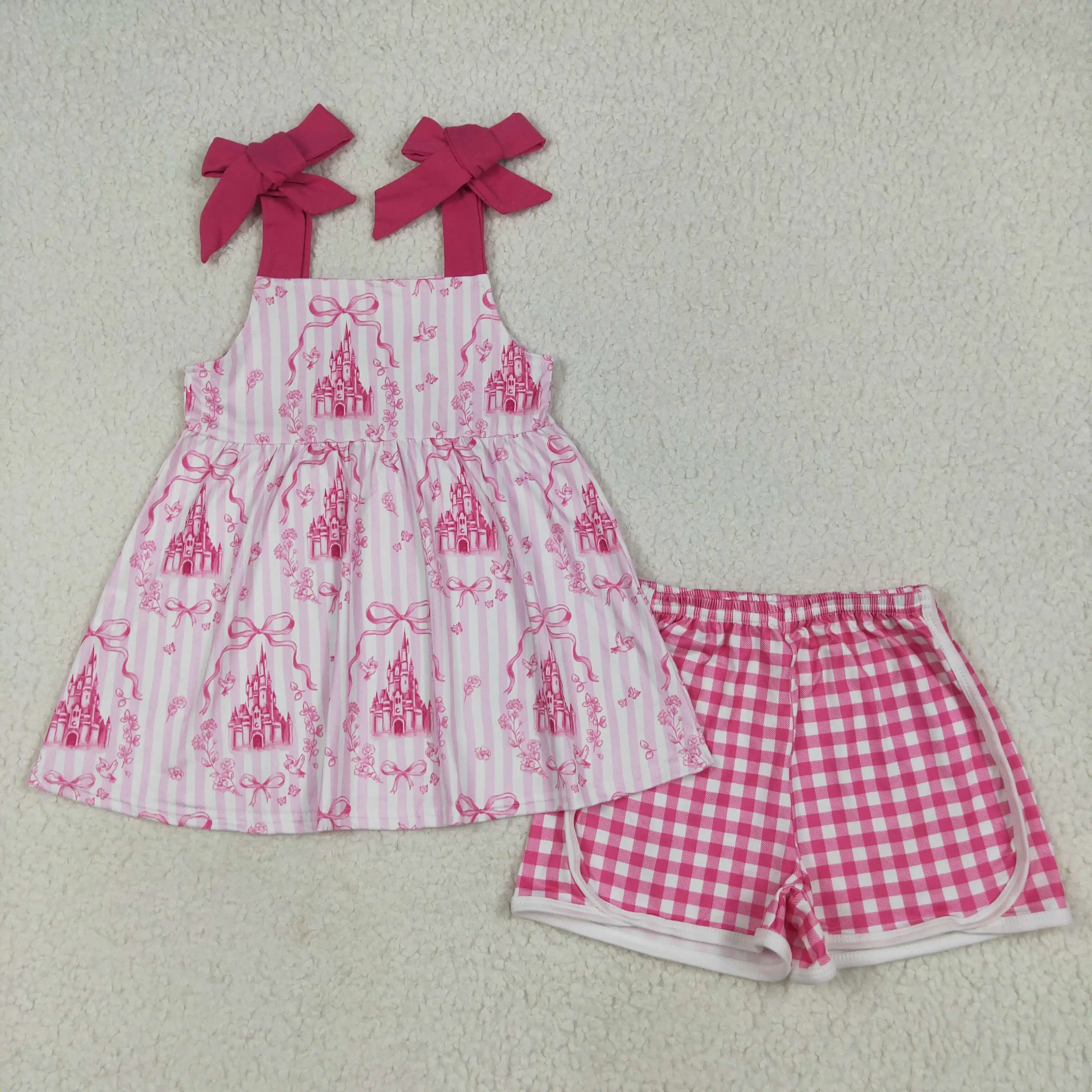 

Pink Castle Floral Print Sleeveless Dress High Quality Girls Casual Clothing Sets Kids Wholesale Set