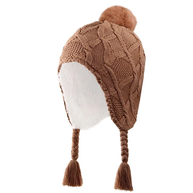 Connectyle Toddler Boys Girls Cute Cotton Winter Hat Soft Sherpa Lined Knit Kids Hats with Earflap Cable Beanie Cap With Pom-Pom