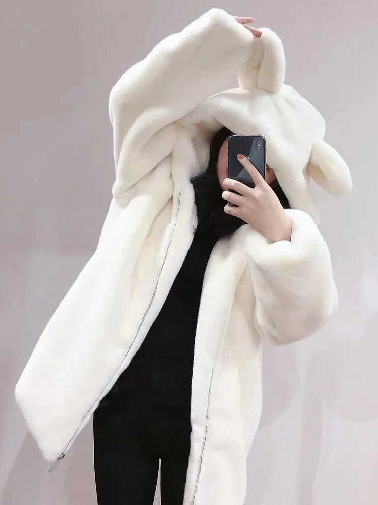 Women Faux Fur Coat Winter Hooded Cardigan Medium Length Loose Cute Plush Top Clothes Ladies 2024 Fashion Coats Free Shipping