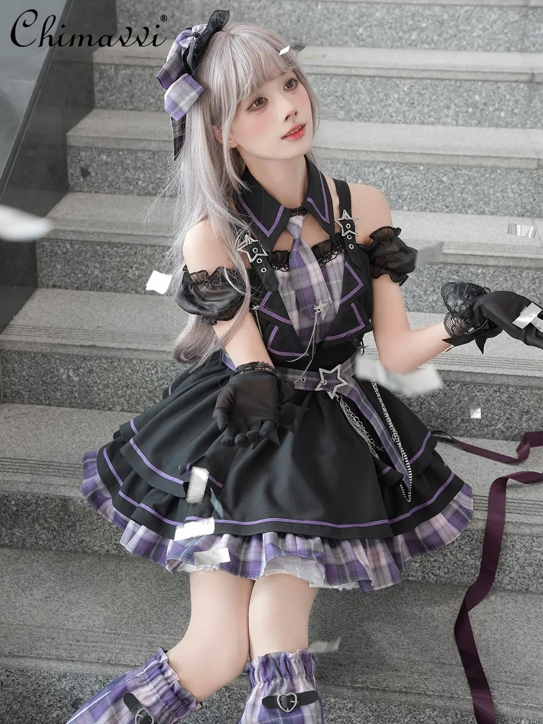 

Japanese Style Purple Plaid Singing Clothes Off Shoulder Short Sleeve Dress Suit Summer Subculture Sweet Cool Girl Lolita Dress