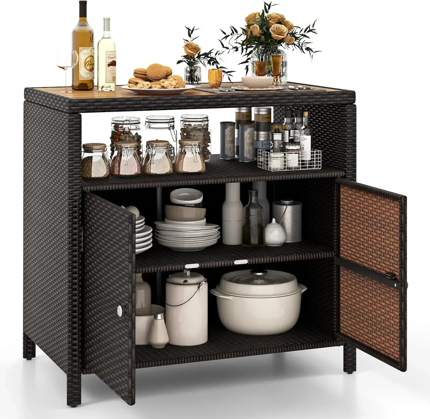 Rattan Storage Cabinet, Patio Sideboard Buffet Cabinet with Acacia Wood Countertop, Open Shelf & 2 Door Cabinet, Wicker Storage