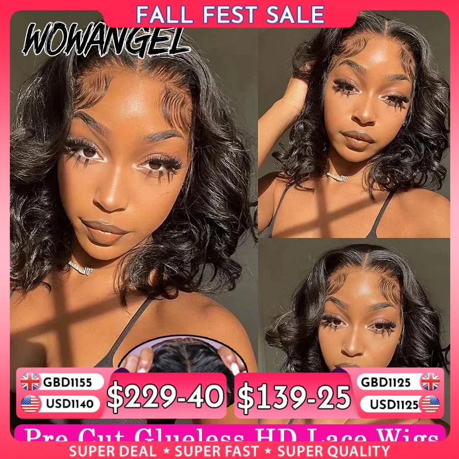Wow Angel Pre Cut Glueless HD Lace Closure Body Wave Wigs Ready To Wear Short Bob Wig 250% Human Hair Wigs Melt Skins For Women