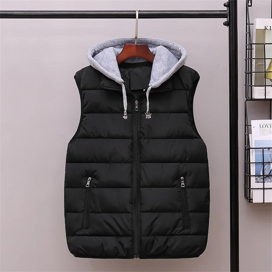 Oversize 6XL Men Padded Vest 2024 New Autumn Winter Hooded Coat Thick Warm Sleeveless Jacket Casual Waistcoat Men\'s Clothing