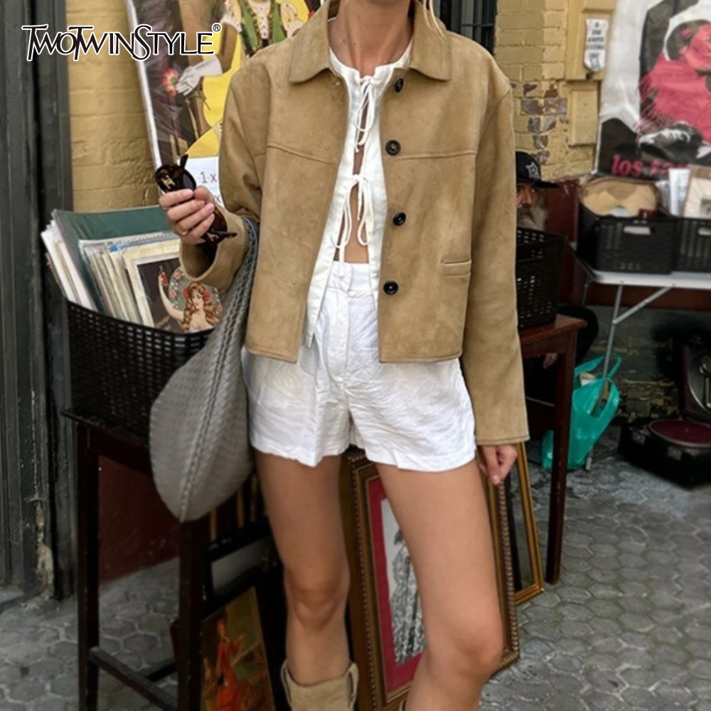 

TWOTWINSTYLE Elegant Imitation Suede Short Jacket for Women Lapel Spliced Singel Breasted Slim Baiscs Autumn Coat Female Clothes