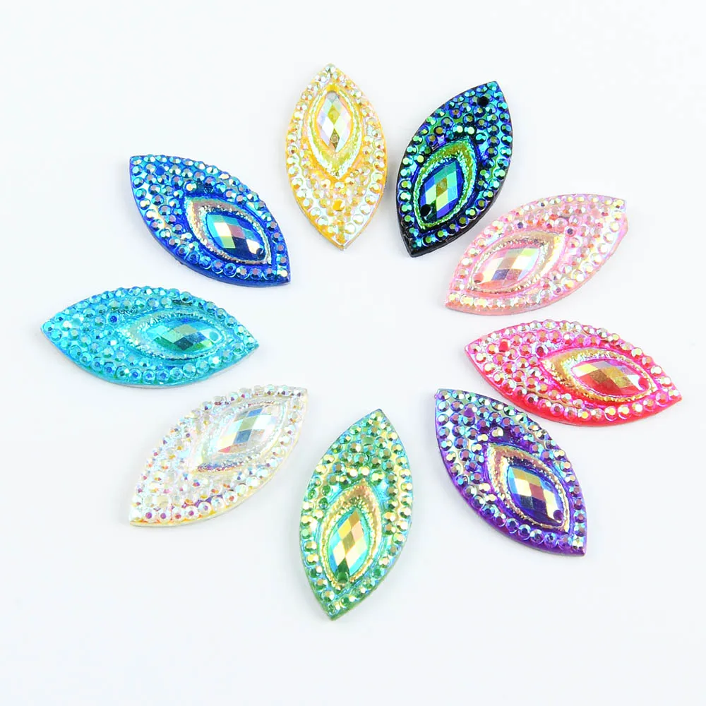 40pcs 11*22mm Shiny AB Flatback Marquise Resin Rhinestones Ornaments  Sew on Wedding/Home Decoration DIY Applique Design Apparel