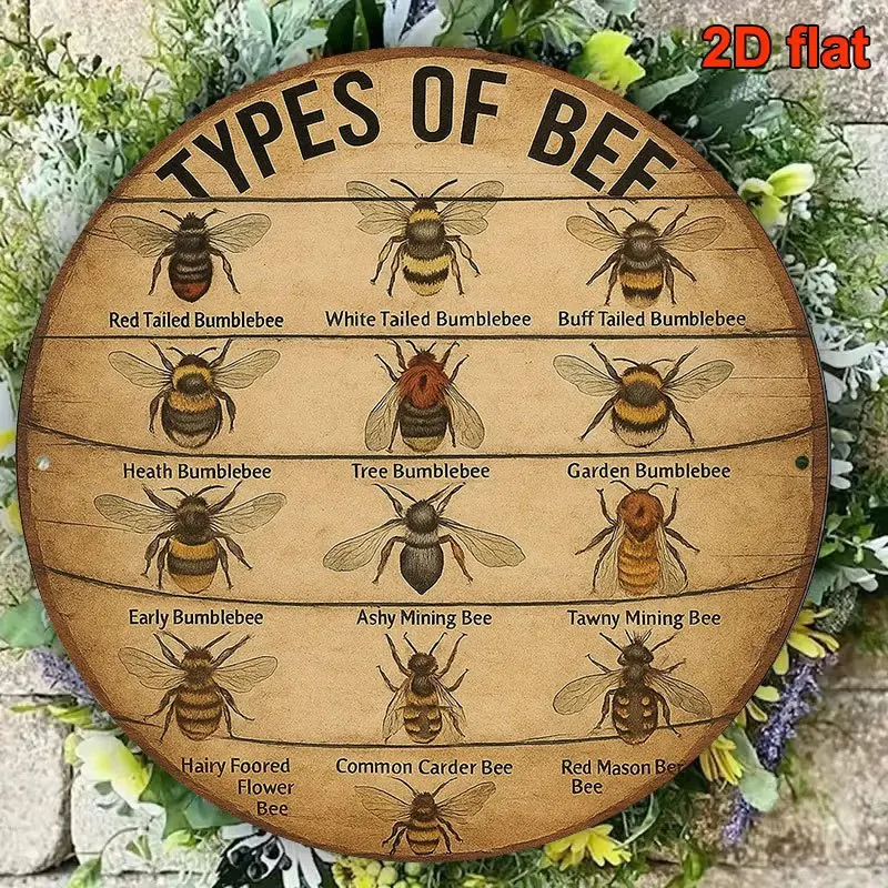 CIFBUY Vintage Bee Species Chart Round Aluminum Metal Wall Art,Waterproof Durable Sign,Decor for Farm Garden Patio Kitchen Study