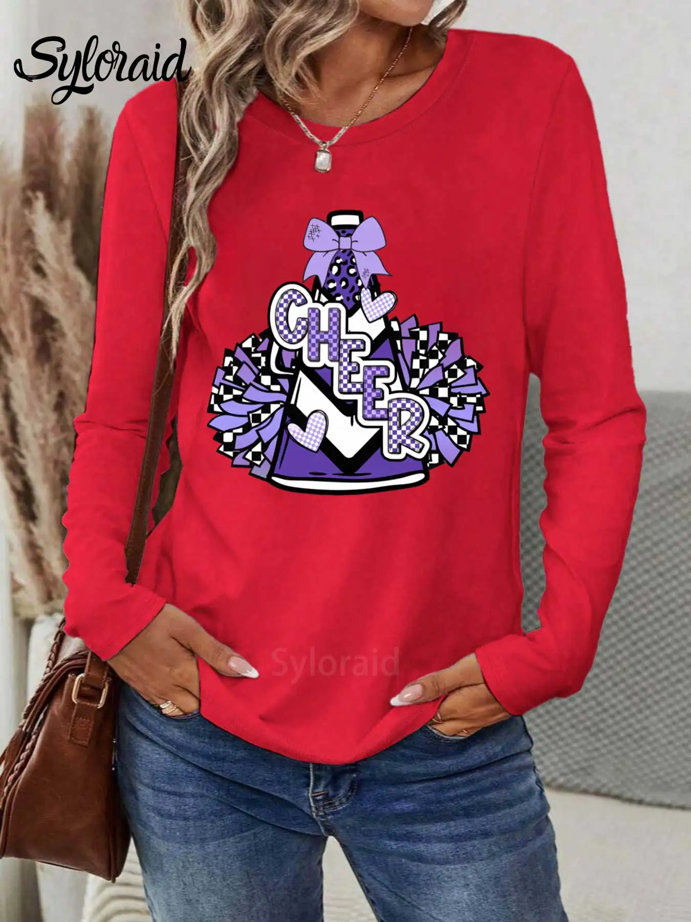 レディース長袖Tシャツ パープル チアリーダーボウTシャツ チアコーチシャツ ファッション ラウンドネック カジュアルトップ