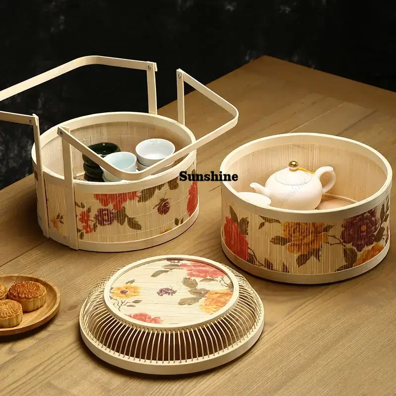 Kitchen Basket for Rice Dumplings and Mooncakes, Souvenir Packaging, Round Peony Flower, Portable Bamboo Basket, Bamboo