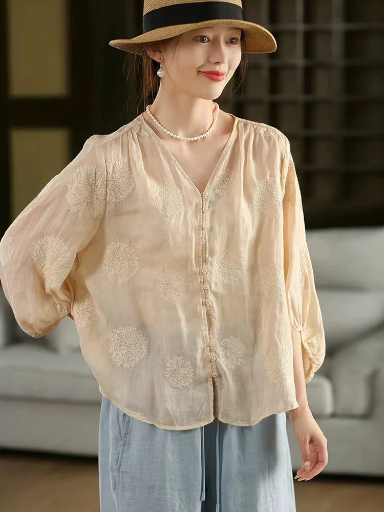 100% Ramie Frauen Casual Shirt Neue Ankunft 2025 Sommer Vintage Stil V-ausschnitt Floral Stickerei Lose Weibliche Tops Shirts M1691