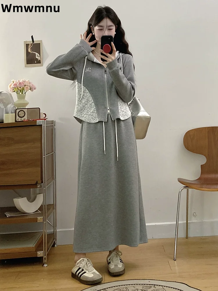 

Элегантная женская повседневная мешковатая юбка Conjuntos в стиле пэчворк, корейский модный кружевной комплект из 2 предметов, свободный топ с капюшоном