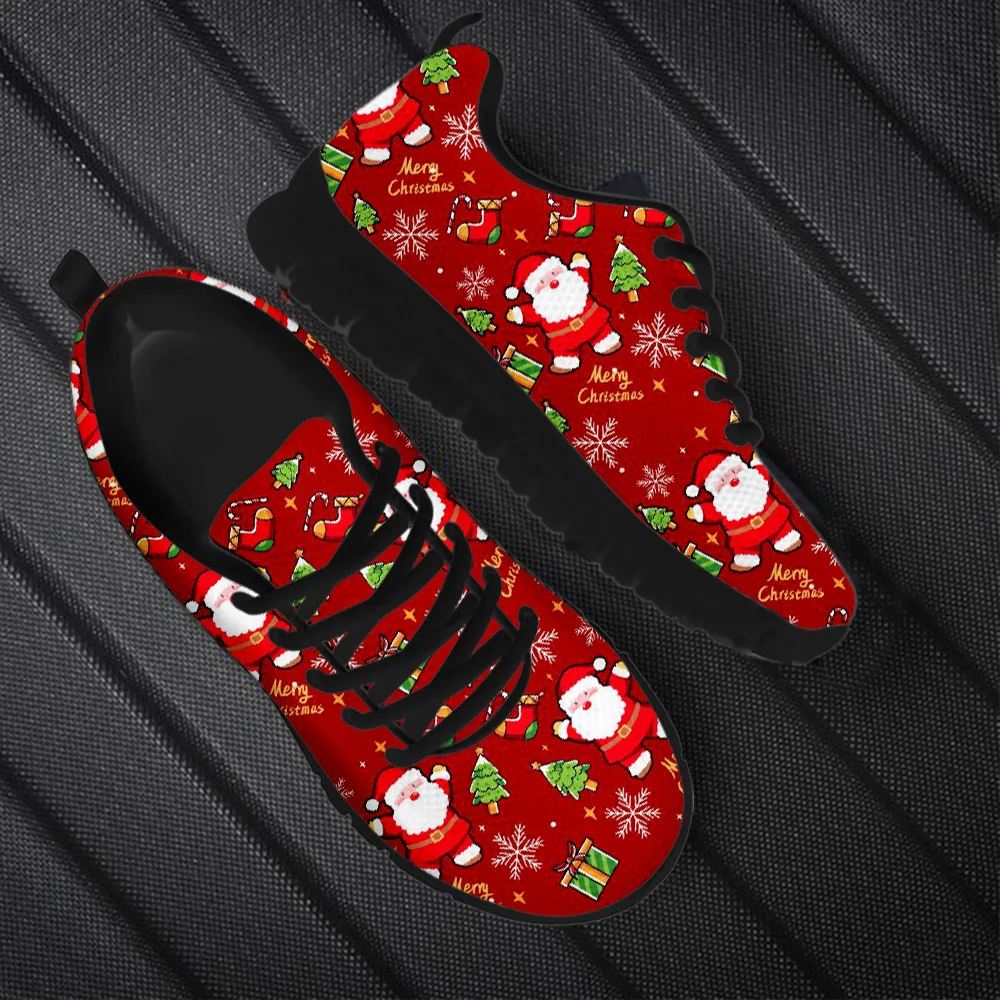 INSTANTARTS Wear-Resistant Casual Sneakers Santa Claus Snowflake Pattern Lace up Flat Shoes Women Mens Tennis Christmas Gifts