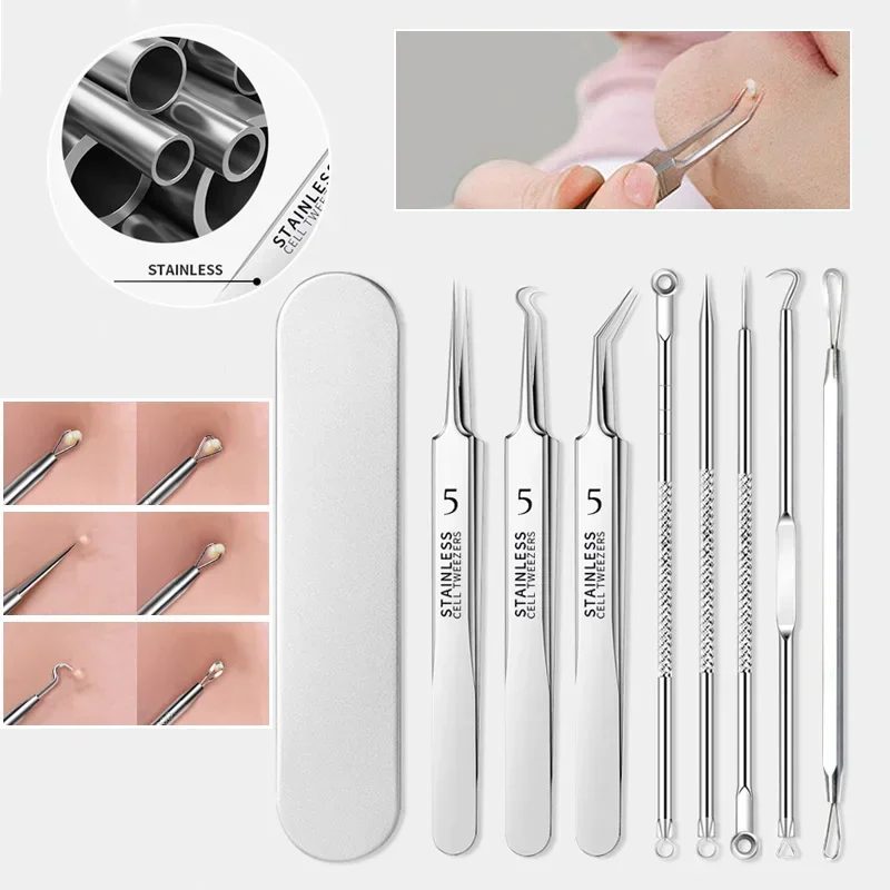 Aço inoxidável Double-Ended Acne Agulha, Limpeza Facial, Cuidados Com A Pele, Remover Cravo, Manchas, Pimple, Comedone, 3-8Pcs por Conjunto