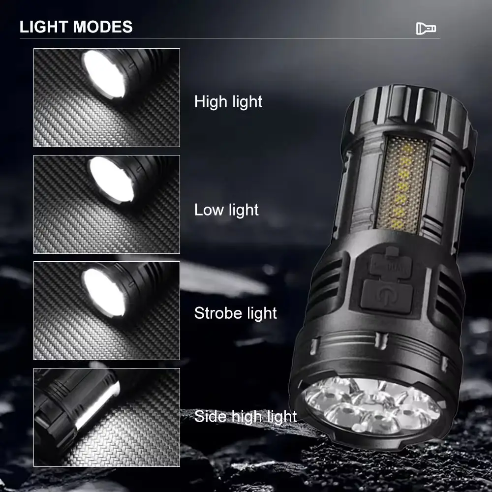 Powerful 9 LED Flashlight Super Tactical Light With COB Side Light Camping Lantern USB Rechargeable Outdoor Torch