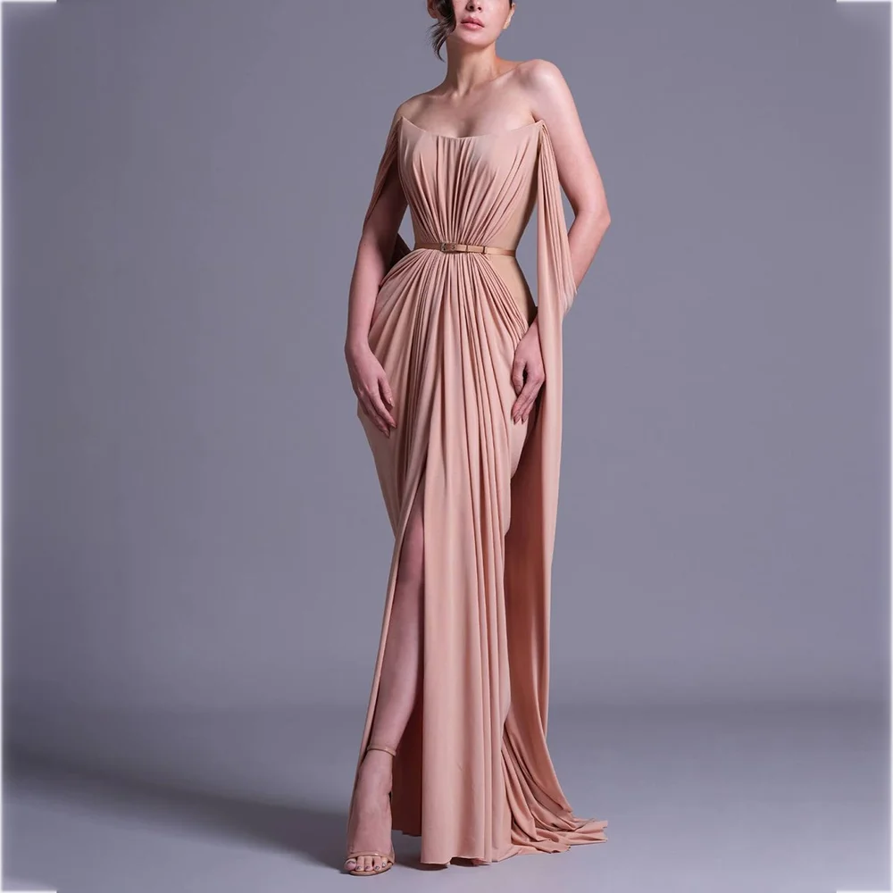 

Summer Chiffon Prom Dresse Without Belt Pleats Off The Shoulder A Line Evening Gown Front Slit Fashion Modern Party Dress