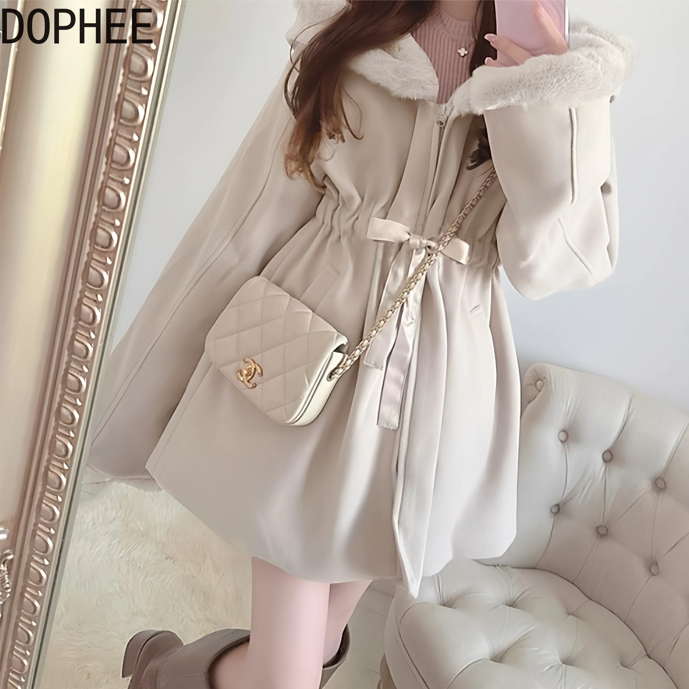 

Japanese Elegant Autumn Winter Cute Drawstring Plush Overcoat Mid-long Hooded Jacket All-match Long Sleeve Women Cardigans Coat