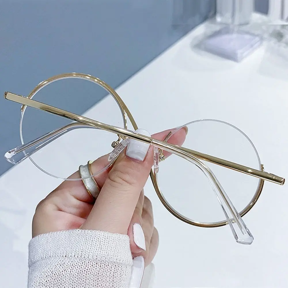 S Shape Round Semi-Rimless Women EyeGlasses Big Metal Frame Clear Lens Optical Eyewear Men Vintage Anti-Blue Light Glasses