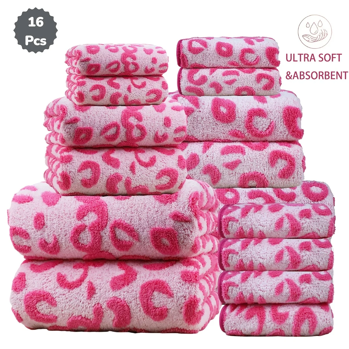 

16pcs Spring New Leopard Print Coral Flannel Bath Towel Set, Includes 4 Bath Towels, 4 Regular Towels, And 8 Hand Towels, Suitable for Hotels, Home, Travel, And Spa