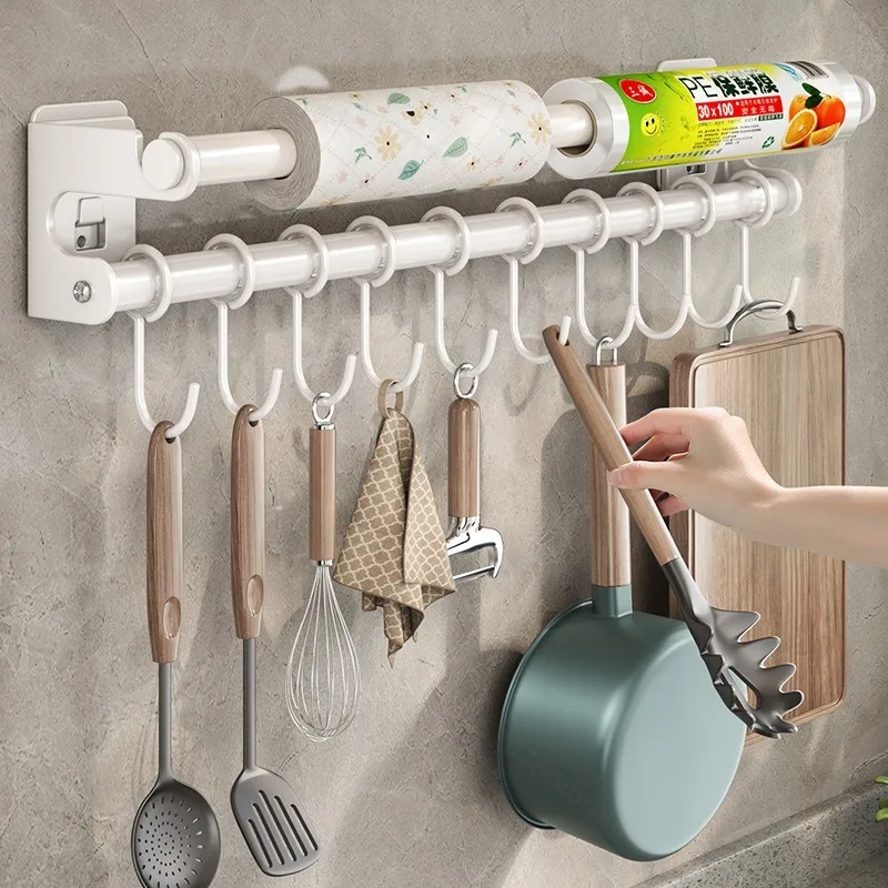 No Drill Kitchen Hanging Rack Storage Holder For Oil Absorbent Paper Plastic Wrap Cutting Board Spoon Rag Kitchen Organizer