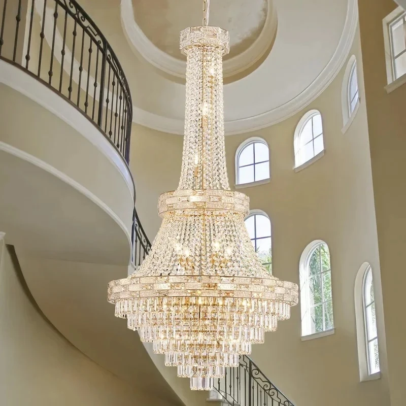 Luxury Gold Crystal Chandelier For High Ceiling Staircase Modern Large K9 Crystal Hanging Pendant Light Living Room Vila Lobby