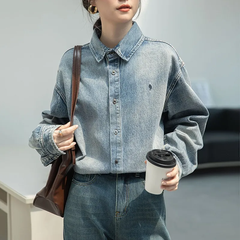 High Quality Denim Shirt Women New 2024 Autumn Vintage Style Turn-down Collar Basics Female Long Sleeve Casual Tops Shirts W1928