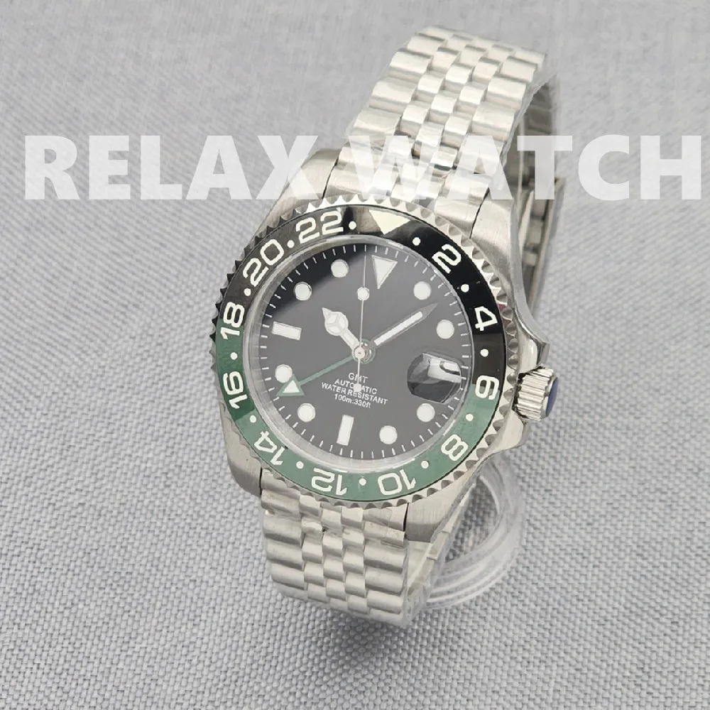 40mm Black Green Bezel Dual Time Zone Display Sapphire Glass Stainless Steel Japanese Nh34 Movement GMT Automatic Watch A2