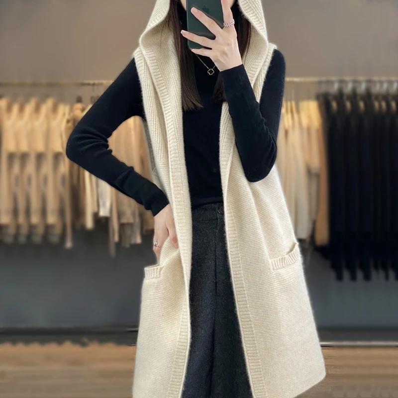 Fashion Trend Long Women\'s Hoodie 100% Wool Vest Solid Knitted Women\'s Cardigan Sleeveless Sweater Hot Sale New Coat Vest