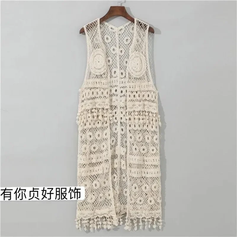 Knit Tassel Vest Summer Women\'s Thin Mid-length Sleeveless Coat Floral Hollow Out Waistcoat Cardigan Fashion Wild Female