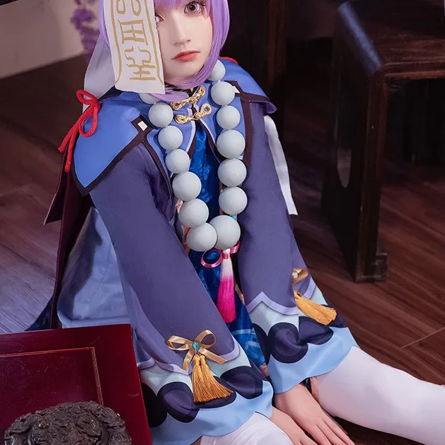 genshin-impact-qiqi-cosplay-costume-perruque-cheveux-zombie-girl-robe-loli-ensemble-complet-avec-chapeau