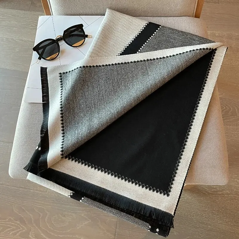 Winter Women Cashmere Scarf Black Grey Color Block Shawl Thickened Warm Geometric Scarves Imitation Pashmina Tippet 190*65cm