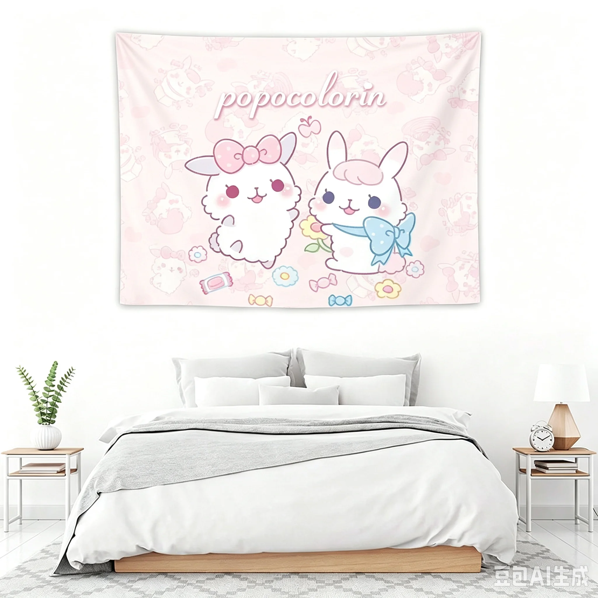 1pc Cartoon Rabbit Tapestry, Polyester Cute Pink Wall Hanging, Kawaii Anime Print Backdrop for Bedroom Dorm Room Home Wall Decor