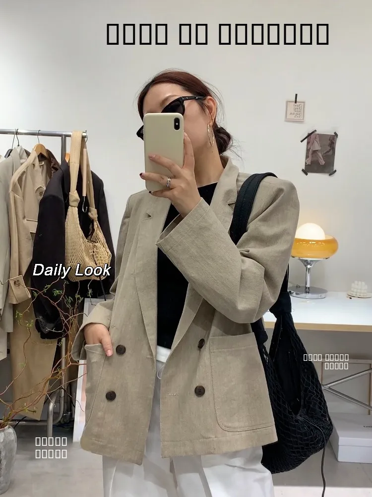 

Korean Sle Light Khaki Double Breasted Suit Clean Fit Loose Women's Casual Long Sve Pure Linen Fabric C030