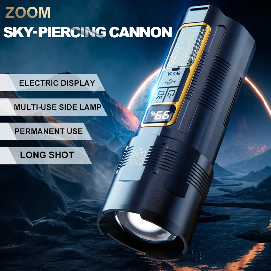 Powerful Laser LED Flashlight Portable Telescopic Zoom Torch Built-in Rechargable Battery Outdoor Hiking Camping Fishing Lantern