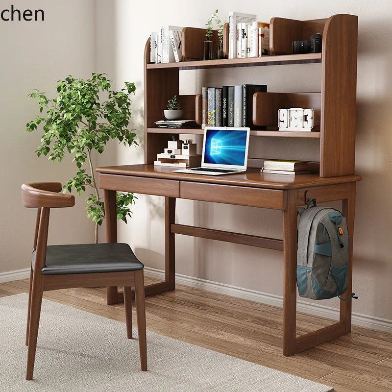 Hxl solid wood desk with integrated bookshelf - all-in-one study and writing desk